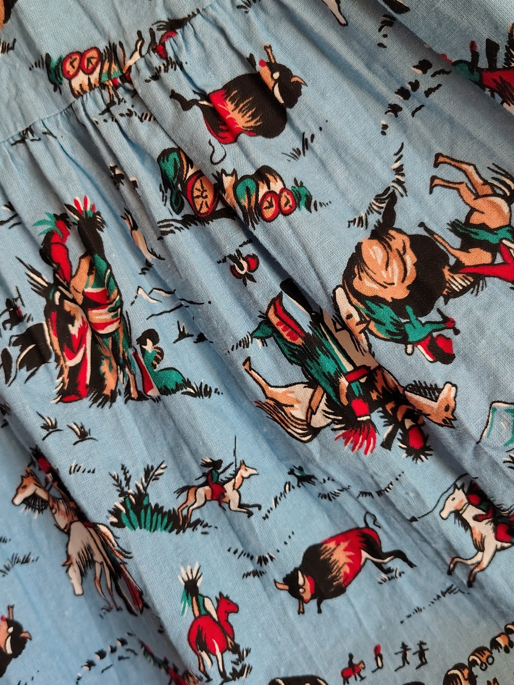 Vintage Pegaso Cotton Tiered Broomstick Skirt, Blue W/ Western Print, One Size - Picture 2 of 5